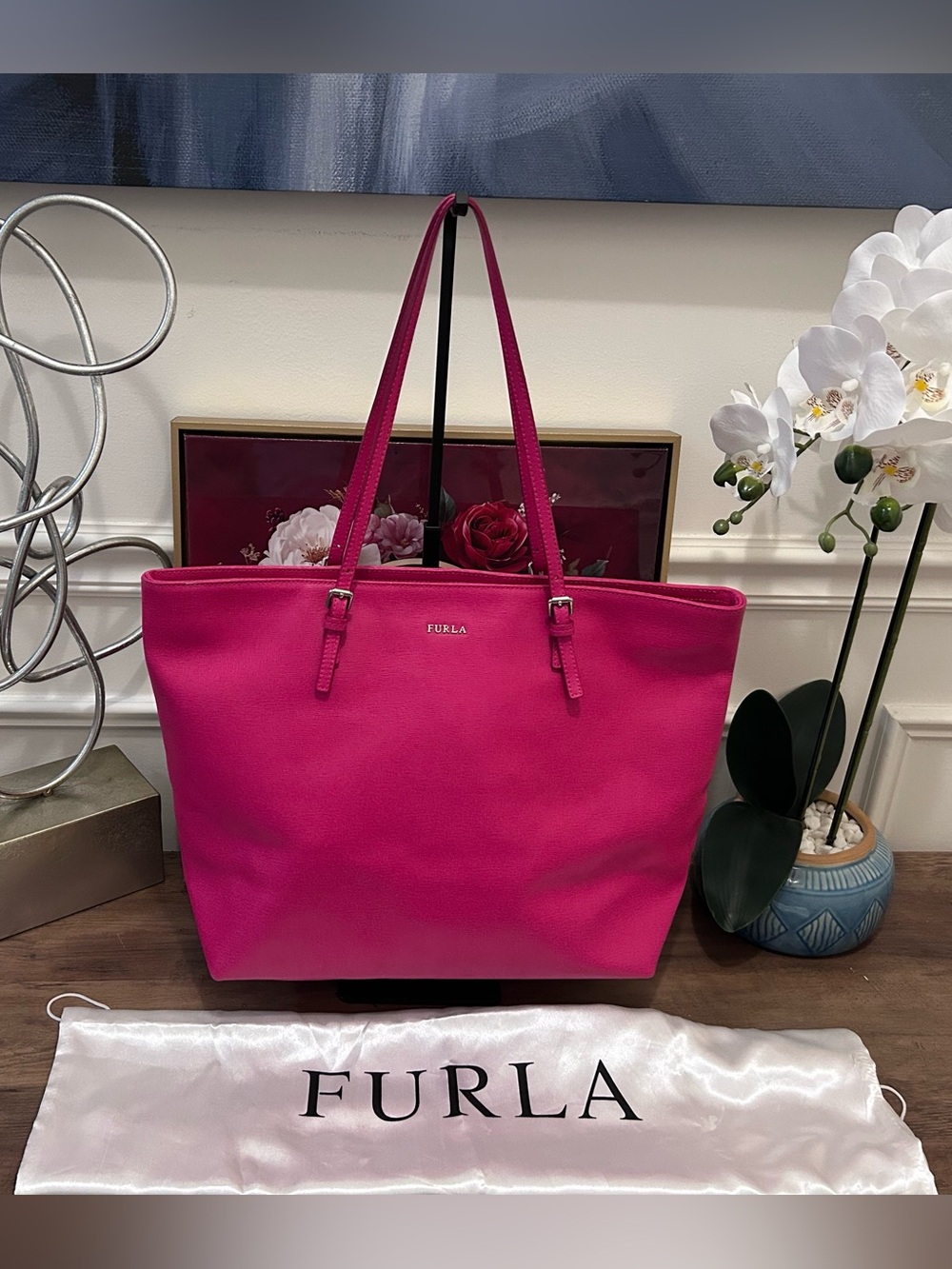 Furla Fuchsia Saffiano Leather Tote with Furla Dust Bag